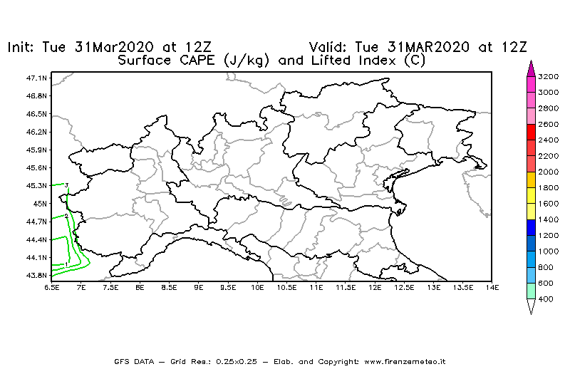 Mappa di analisi GFS - CAPE [J/kg] e Lifted Index [°C] in Nord-Italia
							del 31/03/2020 12 <!--googleoff: index-->UTC<!--googleon: index-->