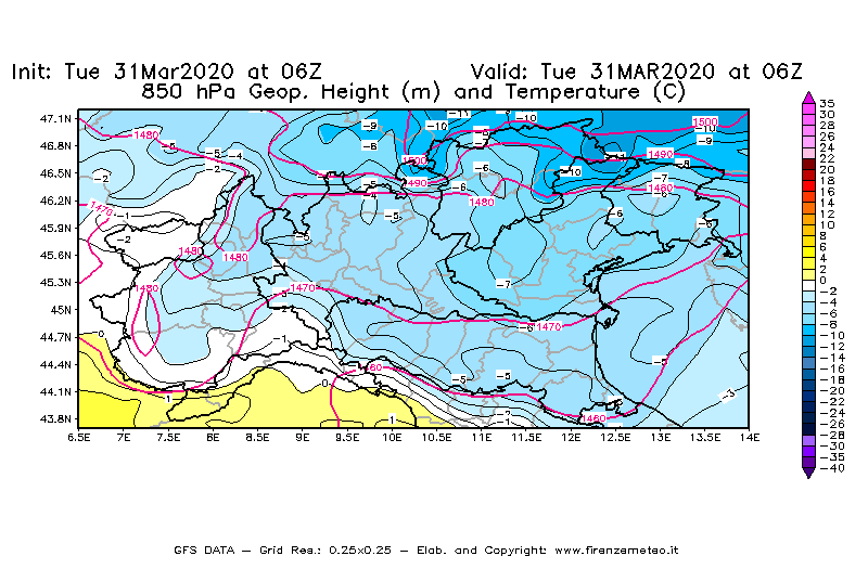 Mappa di analisi GFS - Geopotenziale [m] e Temperatura [°C] a 850 hPa in Nord-Italia
							del 31/03/2020 06 <!--googleoff: index-->UTC<!--googleon: index-->