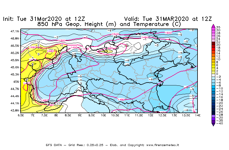 Mappa di analisi GFS - Geopotenziale [m] e Temperatura [°C] a 850 hPa in Nord-Italia
							del 31/03/2020 12 <!--googleoff: index-->UTC<!--googleon: index-->