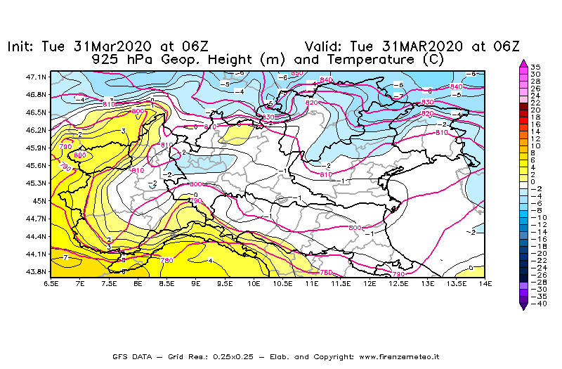 Mappa di analisi GFS - Geopotenziale [m] e Temperatura [°C] a 925 hPa in Nord-Italia
							del 31/03/2020 06 <!--googleoff: index-->UTC<!--googleon: index-->