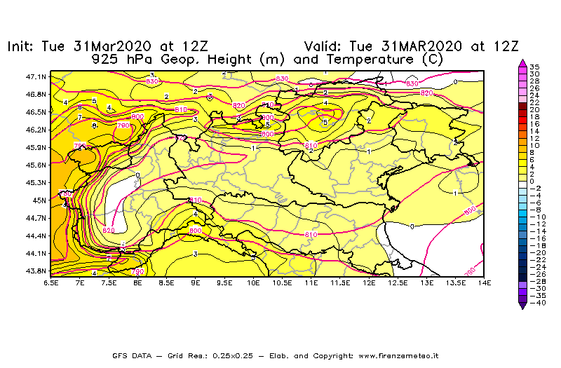 Mappa di analisi GFS - Geopotenziale [m] e Temperatura [°C] a 925 hPa in Nord-Italia
							del 31/03/2020 12 <!--googleoff: index-->UTC<!--googleon: index-->