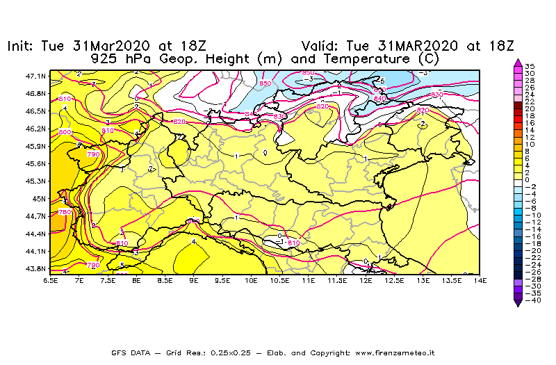 Mappa di analisi GFS - Geopotenziale [m] e Temperatura [°C] a 925 hPa in Nord-Italia
							del 31/03/2020 18 <!--googleoff: index-->UTC<!--googleon: index-->