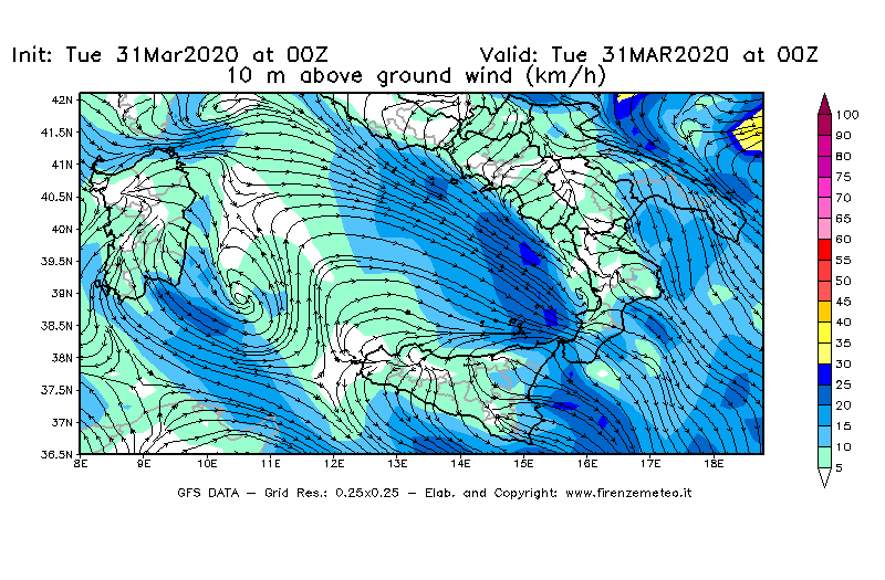 Mappa di analisi GFS - Velocità del vento a 10 metri dal suolo [km/h] in Sud-Italia
							del 31/03/2020 00 <!--googleoff: index-->UTC<!--googleon: index-->