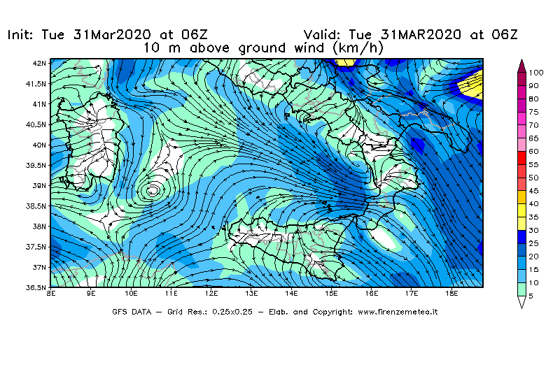 Mappa di analisi GFS - Velocità del vento a 10 metri dal suolo [km/h] in Sud-Italia
							del 31/03/2020 06 <!--googleoff: index-->UTC<!--googleon: index-->