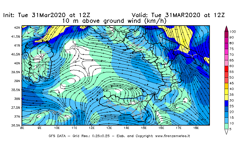 Mappa di analisi GFS - Velocità del vento a 10 metri dal suolo [km/h] in Sud-Italia
							del 31/03/2020 12 <!--googleoff: index-->UTC<!--googleon: index-->
