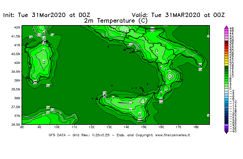 Mappa di analisi GFS - Temperatura a 2 metri dal suolo [°C] in Sud-Italia
							del 31/03/2020 00 <!--googleoff: index-->UTC<!--googleon: index-->