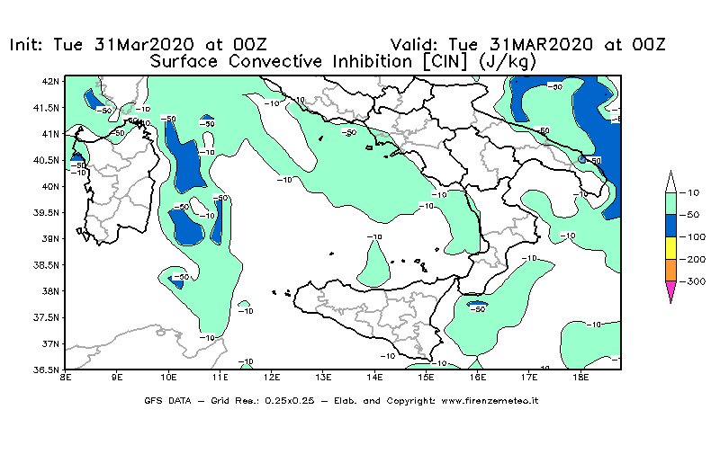 Mappa di analisi GFS - CIN [J/kg] in Sud-Italia
							del 31/03/2020 00 <!--googleoff: index-->UTC<!--googleon: index-->