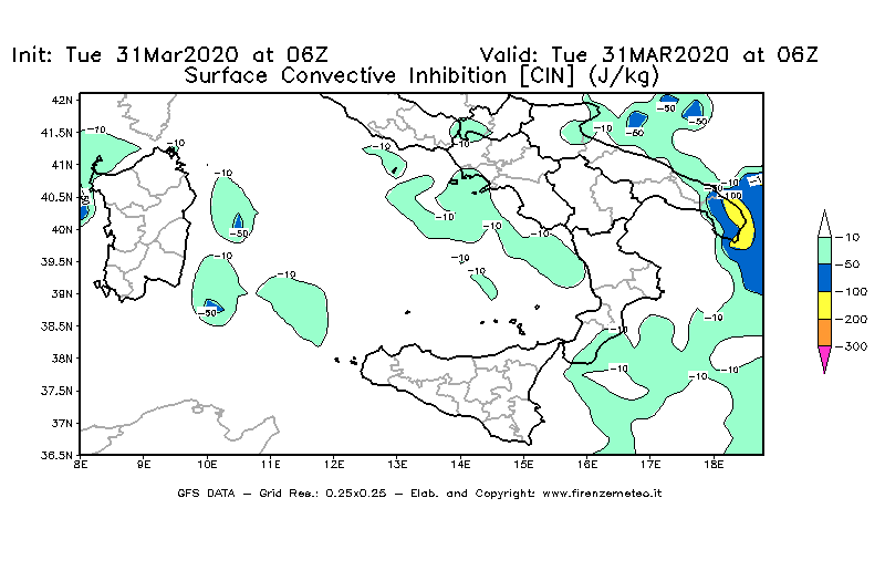 Mappa di analisi GFS - CIN [J/kg] in Sud-Italia
							del 31/03/2020 06 <!--googleoff: index-->UTC<!--googleon: index-->