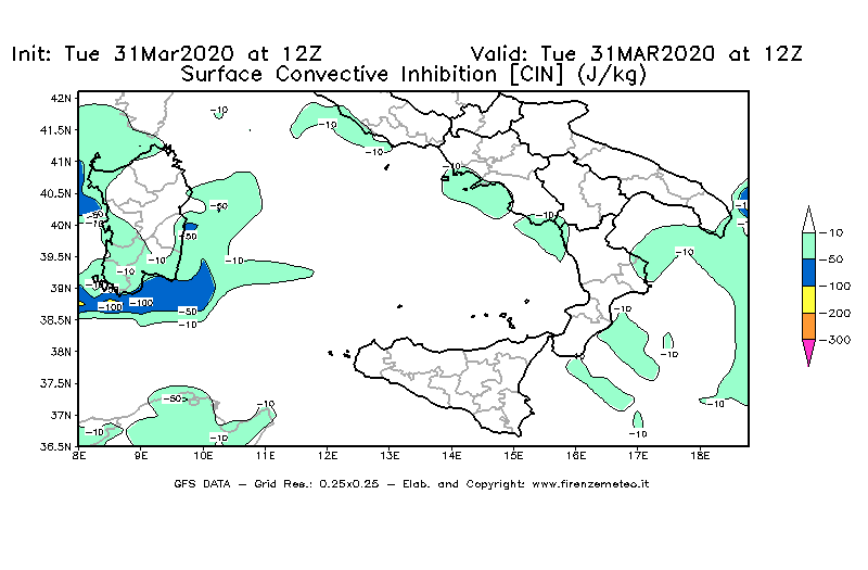 Mappa di analisi GFS - CIN [J/kg] in Sud-Italia
							del 31/03/2020 12 <!--googleoff: index-->UTC<!--googleon: index-->