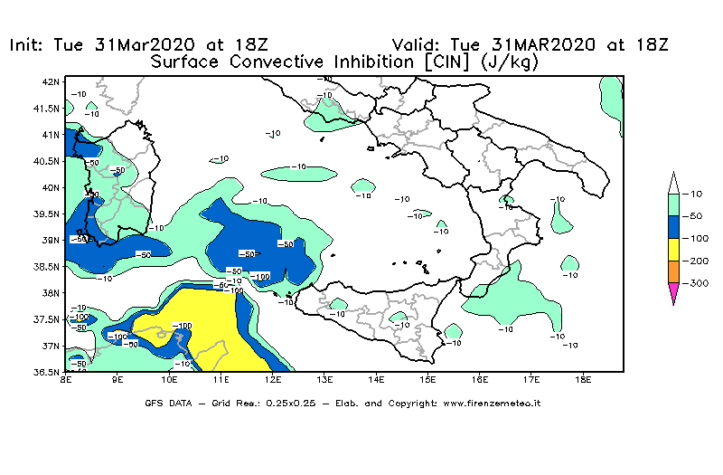 Mappa di analisi GFS - CIN [J/kg] in Sud-Italia
							del 31/03/2020 18 <!--googleoff: index-->UTC<!--googleon: index-->
