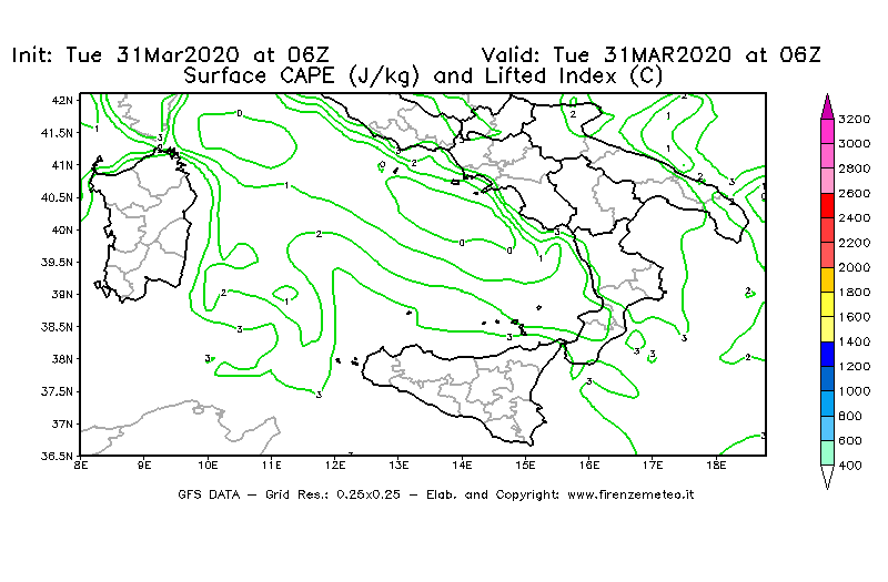 Mappa di analisi GFS - CAPE [J/kg] e Lifted Index [°C] in Sud-Italia
							del 31/03/2020 06 <!--googleoff: index-->UTC<!--googleon: index-->