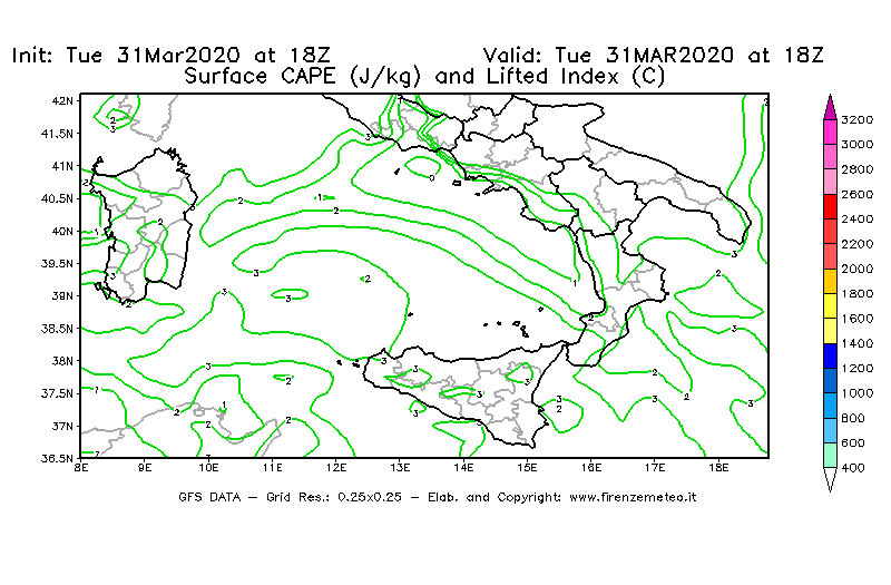 Mappa di analisi GFS - CAPE [J/kg] e Lifted Index [°C] in Sud-Italia
							del 31/03/2020 18 <!--googleoff: index-->UTC<!--googleon: index-->