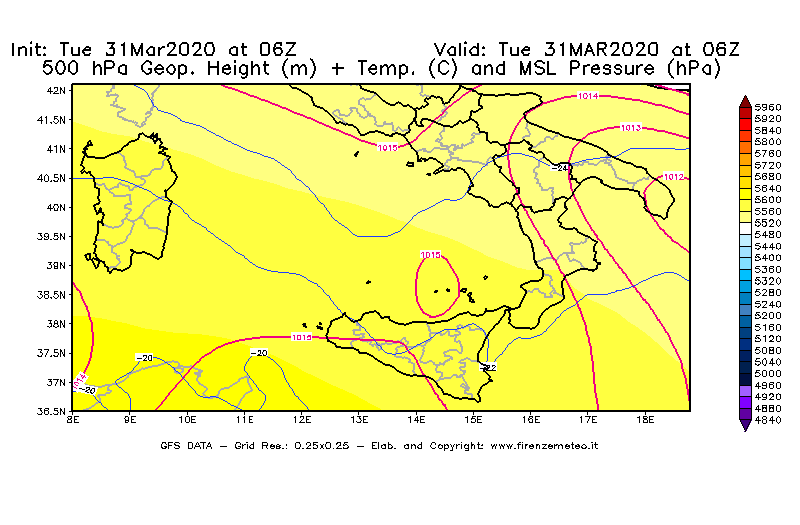 Mappa di analisi GFS - Geopotenziale [m] + Temp. [°C] a 500 hPa + Press. a livello del mare [hPa] in Sud-Italia
							del 31/03/2020 06 <!--googleoff: index-->UTC<!--googleon: index-->