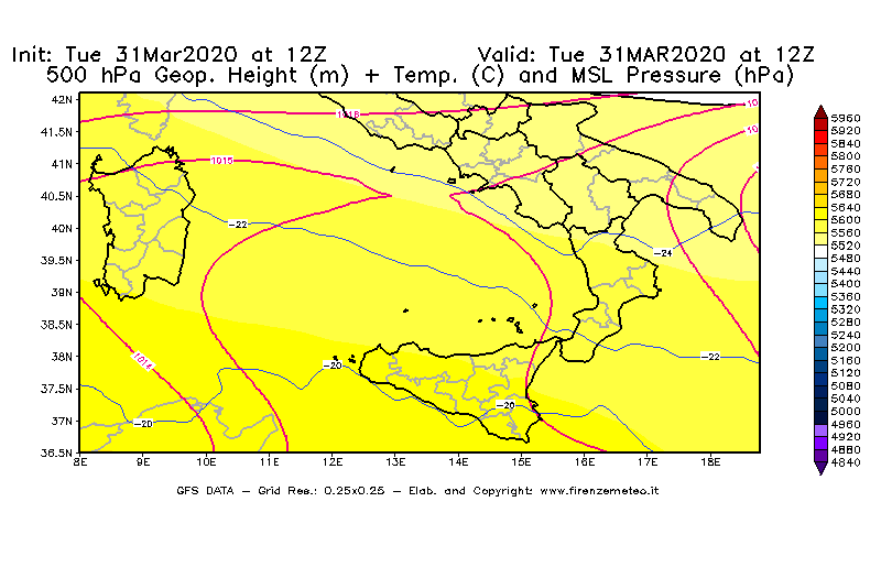 Mappa di analisi GFS - Geopotenziale [m] + Temp. [°C] a 500 hPa + Press. a livello del mare [hPa] in Sud-Italia
							del 31/03/2020 12 <!--googleoff: index-->UTC<!--googleon: index-->