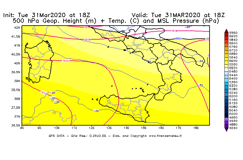Mappa di analisi GFS - Geopotenziale [m] + Temp. [°C] a 500 hPa + Press. a livello del mare [hPa] in Sud-Italia
							del 31/03/2020 18 <!--googleoff: index-->UTC<!--googleon: index-->