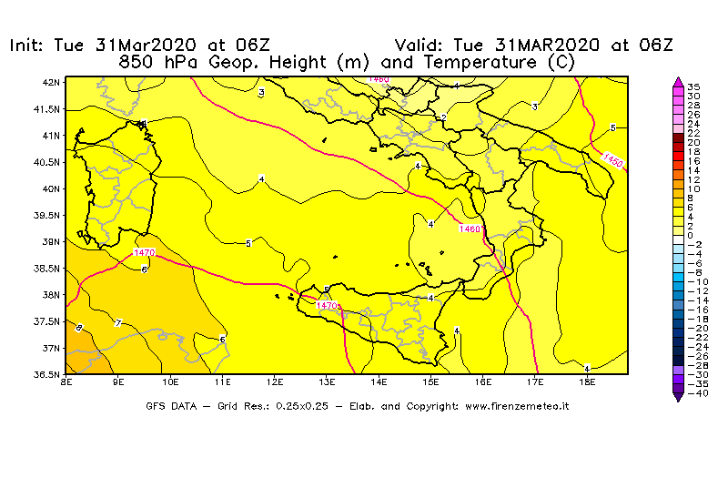 Mappa di analisi GFS - Geopotenziale [m] e Temperatura [°C] a 850 hPa in Sud-Italia
							del 31/03/2020 06 <!--googleoff: index-->UTC<!--googleon: index-->