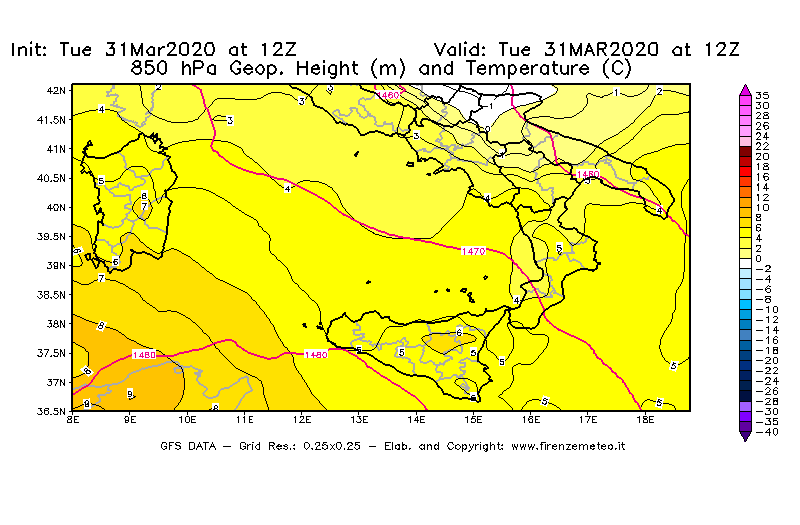 Mappa di analisi GFS - Geopotenziale [m] e Temperatura [°C] a 850 hPa in Sud-Italia
							del 31/03/2020 12 <!--googleoff: index-->UTC<!--googleon: index-->