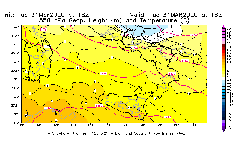 Mappa di analisi GFS - Geopotenziale [m] e Temperatura [°C] a 850 hPa in Sud-Italia
							del 31/03/2020 18 <!--googleoff: index-->UTC<!--googleon: index-->