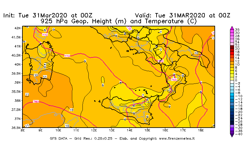 Mappa di analisi GFS - Geopotenziale [m] e Temperatura [°C] a 925 hPa in Sud-Italia
							del 31/03/2020 00 <!--googleoff: index-->UTC<!--googleon: index-->
