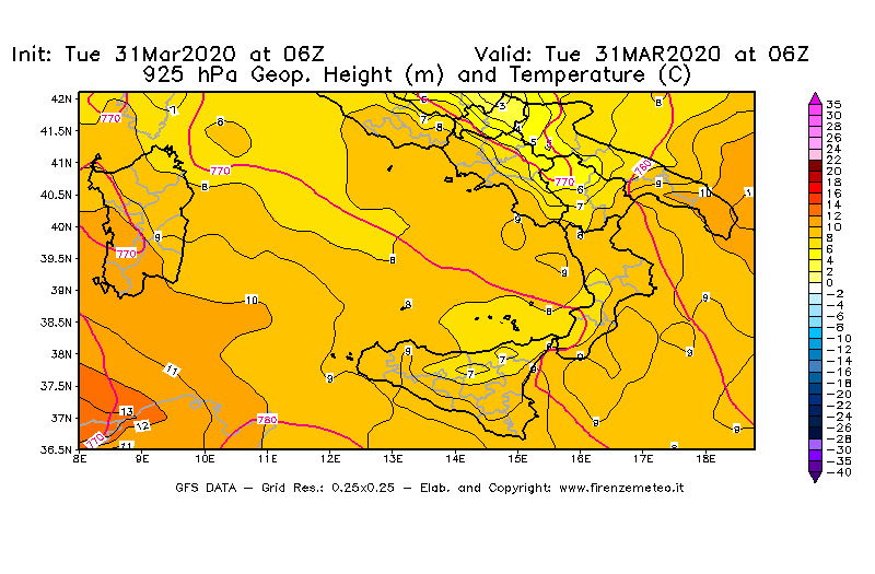 Mappa di analisi GFS - Geopotenziale [m] e Temperatura [°C] a 925 hPa in Sud-Italia
							del 31/03/2020 06 <!--googleoff: index-->UTC<!--googleon: index-->
