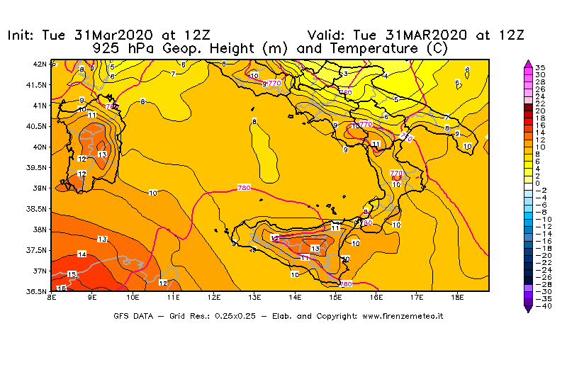 Mappa di analisi GFS - Geopotenziale [m] e Temperatura [°C] a 925 hPa in Sud-Italia
							del 31/03/2020 12 <!--googleoff: index-->UTC<!--googleon: index-->