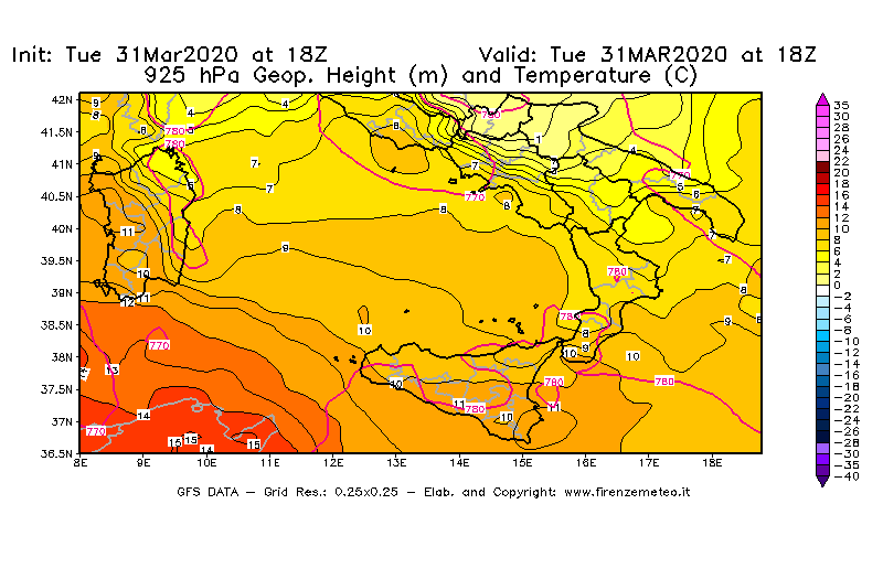 Mappa di analisi GFS - Geopotenziale [m] e Temperatura [°C] a 925 hPa in Sud-Italia
							del 31/03/2020 18 <!--googleoff: index-->UTC<!--googleon: index-->