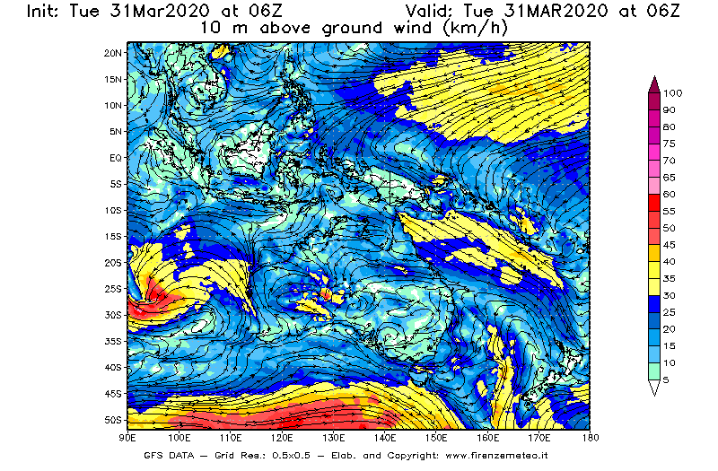 Mappa di analisi GFS - Velocità del vento a 10 metri dal suolo [km/h] in Oceania
							del 31/03/2020 06 <!--googleoff: index-->UTC<!--googleon: index-->