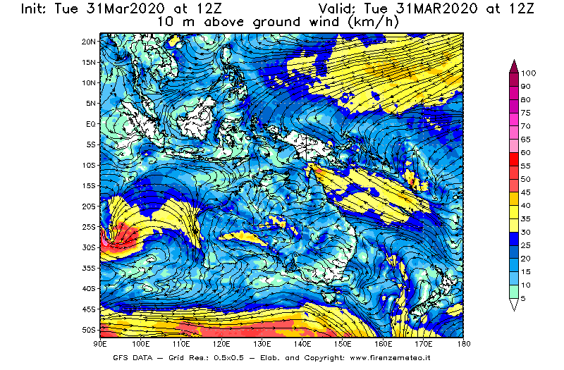 Mappa di analisi GFS - Velocità del vento a 10 metri dal suolo [km/h] in Oceania
							del 31/03/2020 12 <!--googleoff: index-->UTC<!--googleon: index-->