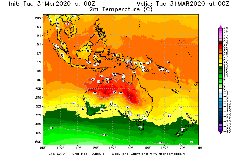 Mappa di analisi GFS - Temperatura a 2 metri dal suolo [°C] in Oceania
							del 31/03/2020 00 <!--googleoff: index-->UTC<!--googleon: index-->