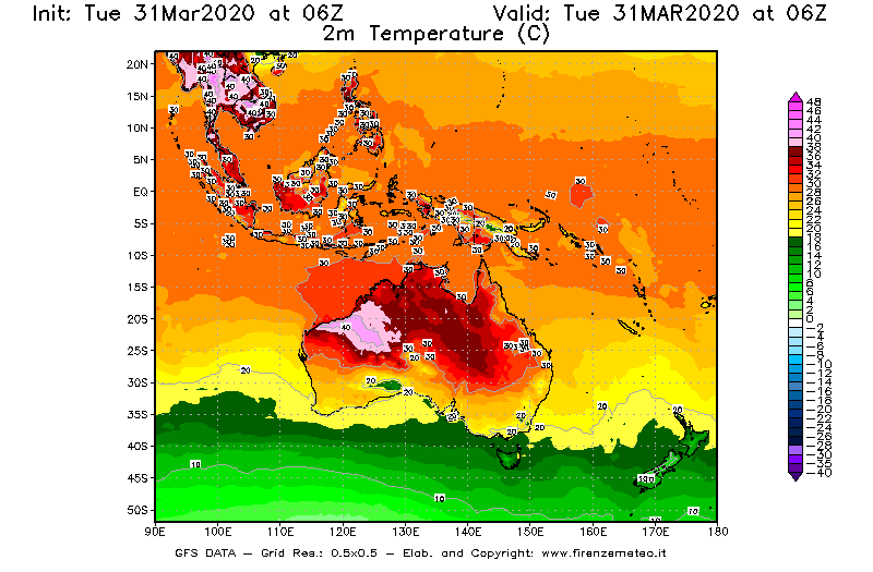 Mappa di analisi GFS - Temperatura a 2 metri dal suolo [°C] in Oceania
							del 31/03/2020 06 <!--googleoff: index-->UTC<!--googleon: index-->