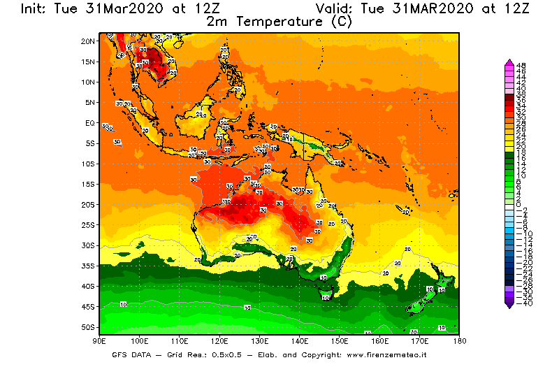 Mappa di analisi GFS - Temperatura a 2 metri dal suolo [°C] in Oceania
							del 31/03/2020 12 <!--googleoff: index-->UTC<!--googleon: index-->