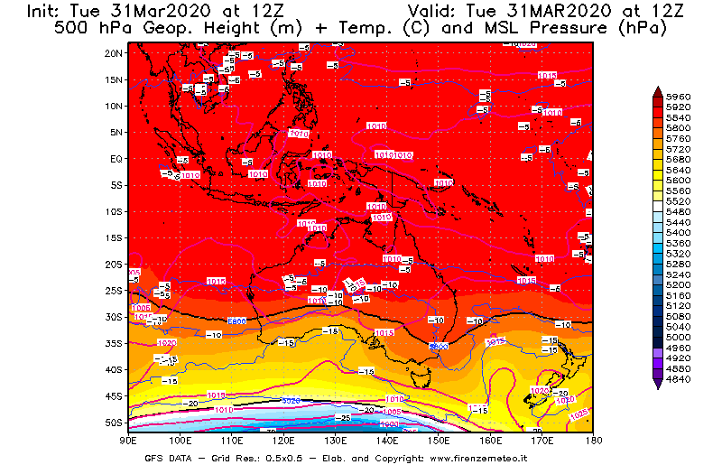 Mappa di analisi GFS - Geopotenziale [m] + Temp. [°C] a 500 hPa + Press. a livello del mare [hPa] in Oceania
							del 31/03/2020 12 <!--googleoff: index-->UTC<!--googleon: index-->