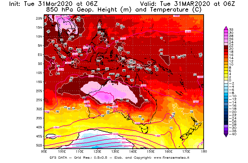 Mappa di analisi GFS - Geopotenziale [m] e Temperatura [°C] a 850 hPa in Oceania
							del 31/03/2020 06 <!--googleoff: index-->UTC<!--googleon: index-->