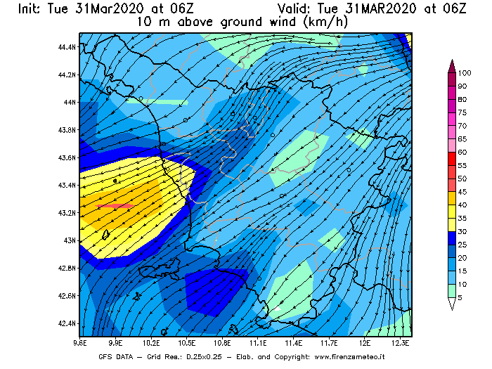 Mappa di analisi GFS - Velocità del vento a 10 metri dal suolo [km/h] in Toscana
							del 31/03/2020 06 <!--googleoff: index-->UTC<!--googleon: index-->