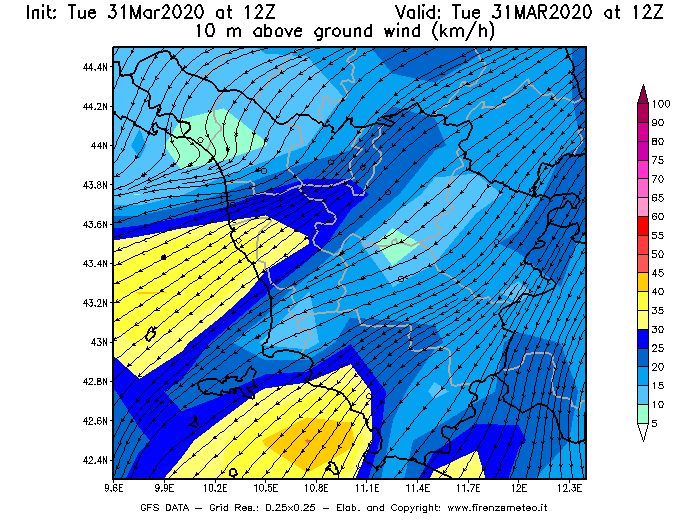 Mappa di analisi GFS - Velocità del vento a 10 metri dal suolo [km/h] in Toscana
							del 31/03/2020 12 <!--googleoff: index-->UTC<!--googleon: index-->