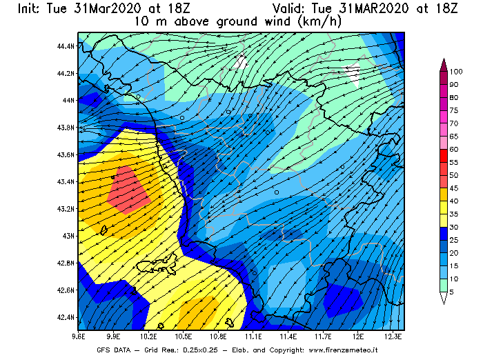 Mappa di analisi GFS - Velocità del vento a 10 metri dal suolo [km/h] in Toscana
							del 31/03/2020 18 <!--googleoff: index-->UTC<!--googleon: index-->