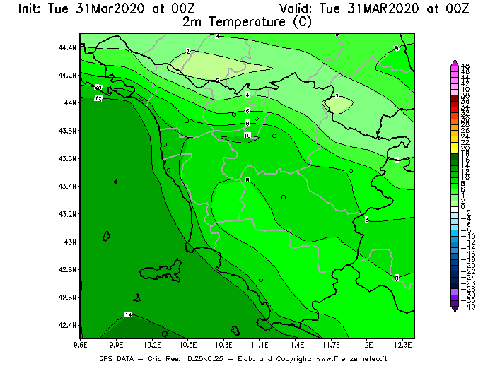 Mappa di analisi GFS - Temperatura a 2 metri dal suolo [°C] in Toscana
							del 31/03/2020 00 <!--googleoff: index-->UTC<!--googleon: index-->