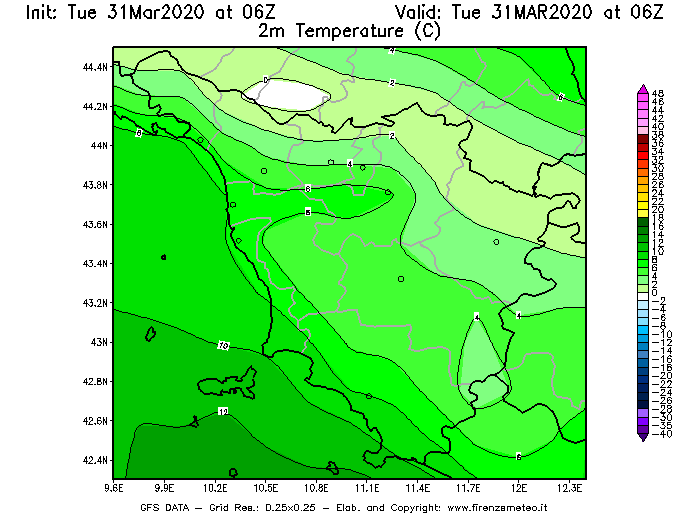 Mappa di analisi GFS - Temperatura a 2 metri dal suolo [°C] in Toscana
							del 31/03/2020 06 <!--googleoff: index-->UTC<!--googleon: index-->