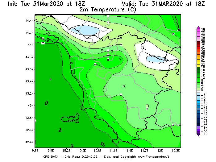 Mappa di analisi GFS - Temperatura a 2 metri dal suolo [°C] in Toscana
							del 31/03/2020 18 <!--googleoff: index-->UTC<!--googleon: index-->