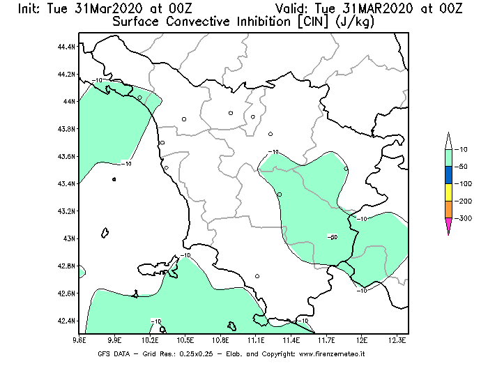 Mappa di analisi GFS - CIN [J/kg] in Toscana
							del 31/03/2020 00 <!--googleoff: index-->UTC<!--googleon: index-->