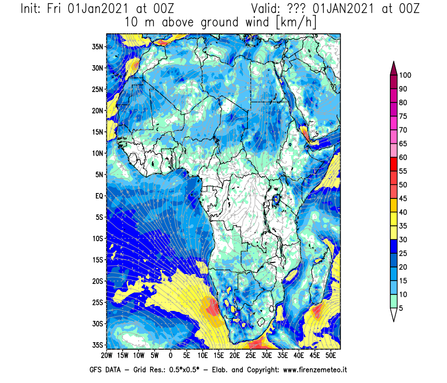 Mappa di analisi GFS - Velocità del vento a 10 metri dal suolo [km/h] in Africa
							del 01/01/2021 00 <!--googleoff: index-->UTC<!--googleon: index-->