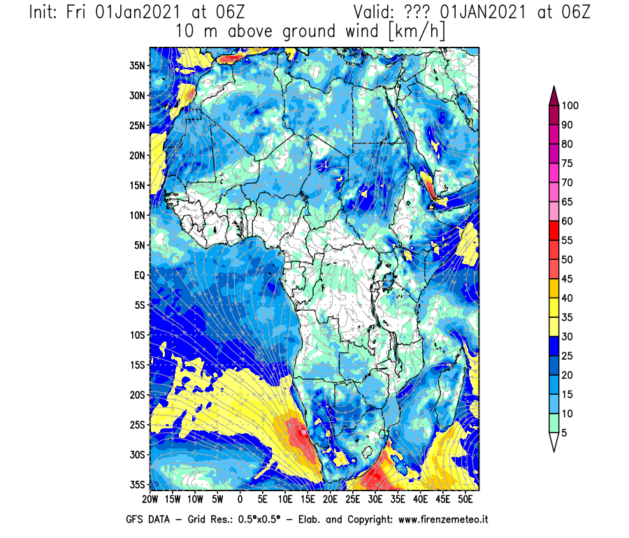 Mappa di analisi GFS - Velocità del vento a 10 metri dal suolo [km/h] in Africa
							del 01/01/2021 06 <!--googleoff: index-->UTC<!--googleon: index-->