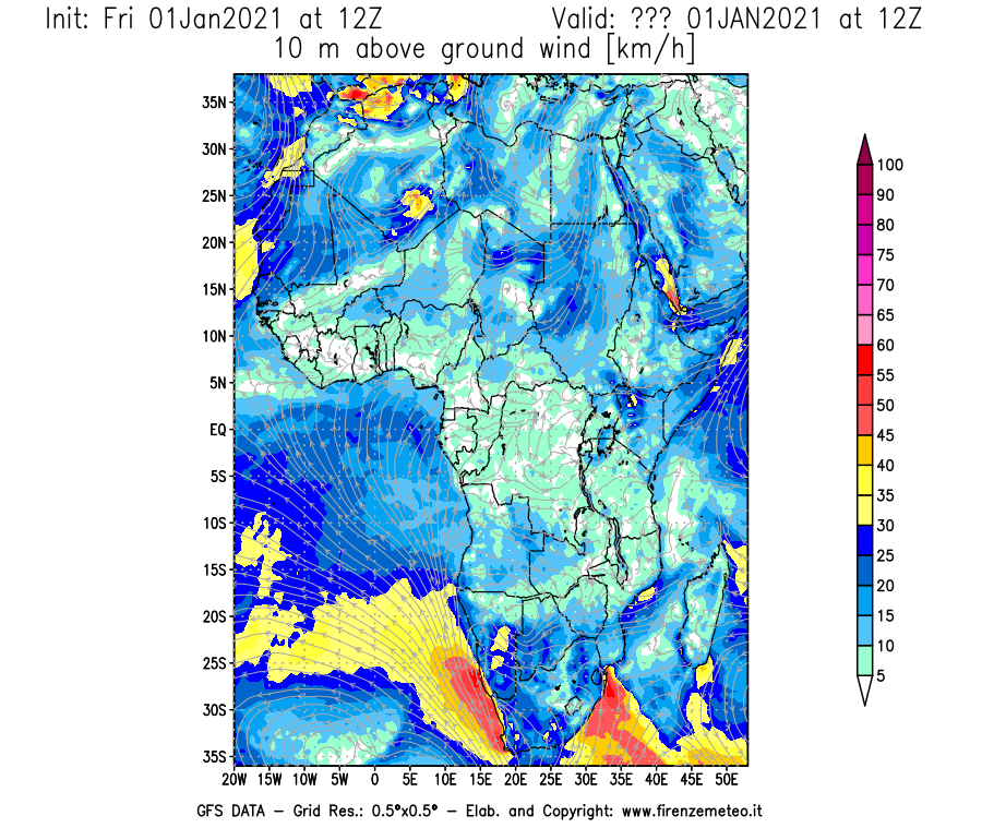 Mappa di analisi GFS - Velocità del vento a 10 metri dal suolo [km/h] in Africa
							del 01/01/2021 12 <!--googleoff: index-->UTC<!--googleon: index-->