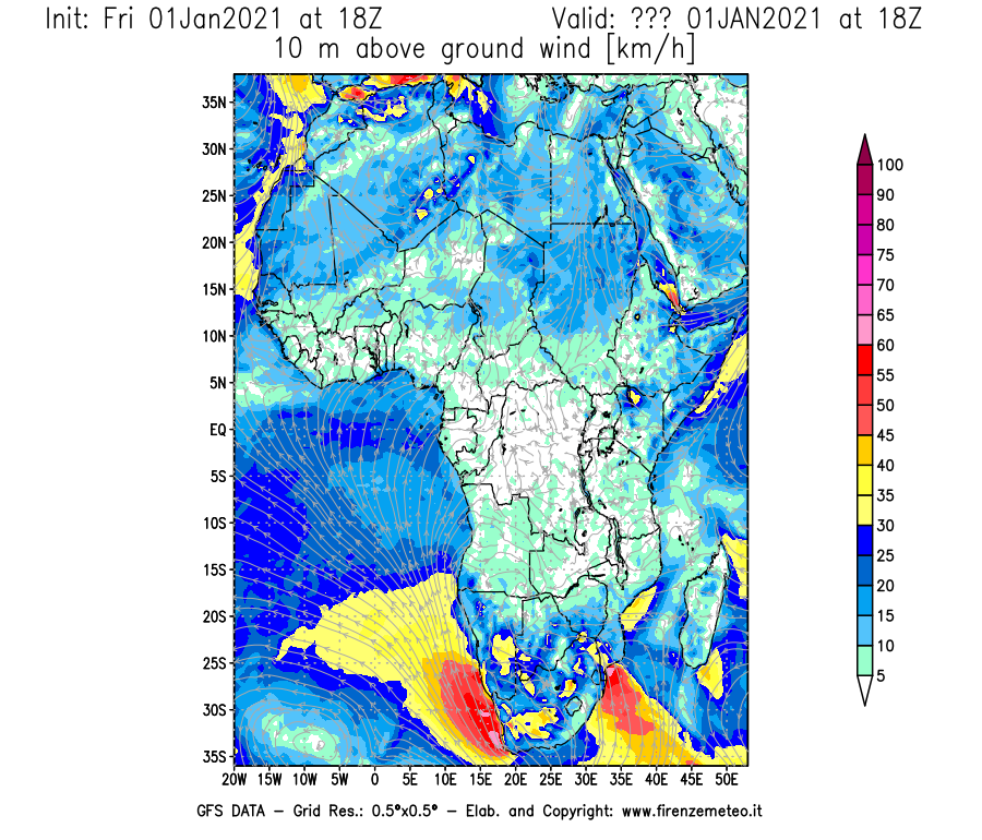 Mappa di analisi GFS - Velocità del vento a 10 metri dal suolo [km/h] in Africa
							del 01/01/2021 18 <!--googleoff: index-->UTC<!--googleon: index-->