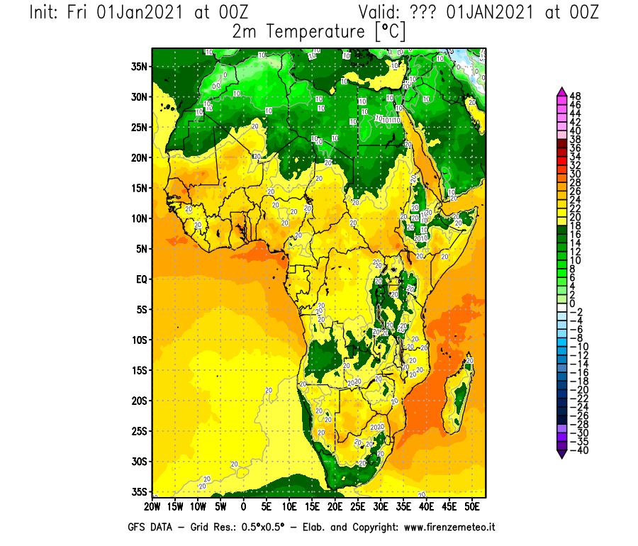 Mappa di analisi GFS - Temperatura a 2 metri dal suolo [°C] in Africa
							del 01/01/2021 00 <!--googleoff: index-->UTC<!--googleon: index-->
