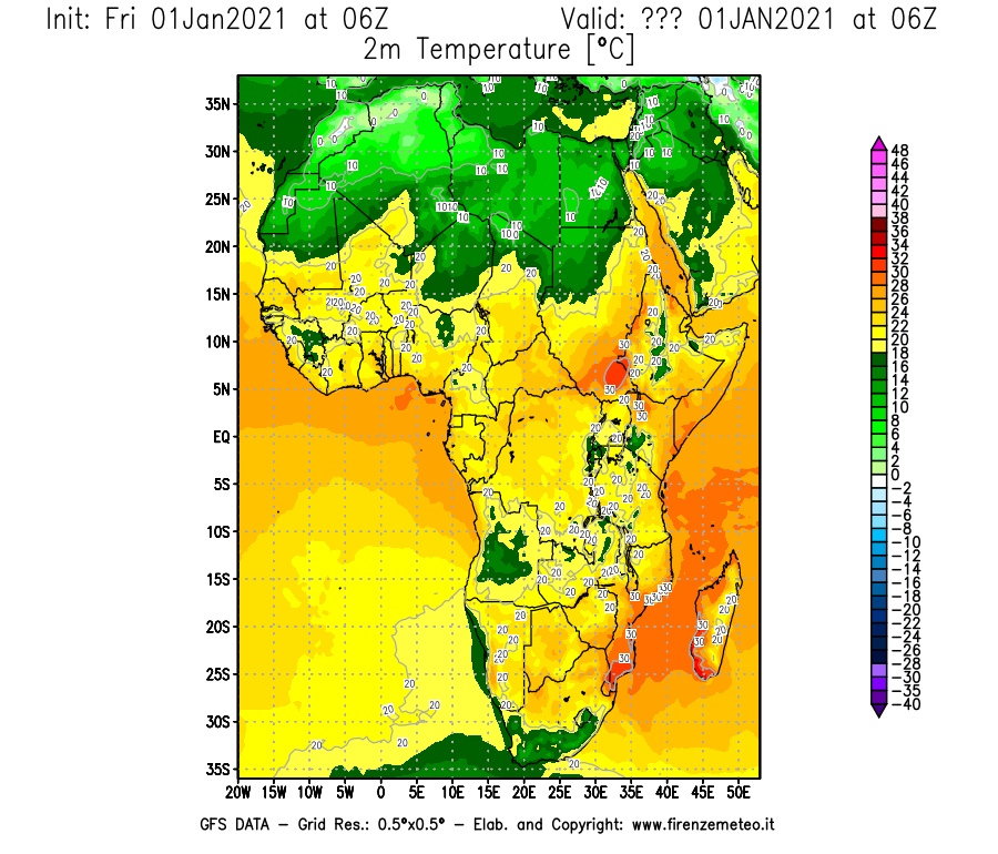 Mappa di analisi GFS - Temperatura a 2 metri dal suolo [°C] in Africa
							del 01/01/2021 06 <!--googleoff: index-->UTC<!--googleon: index-->