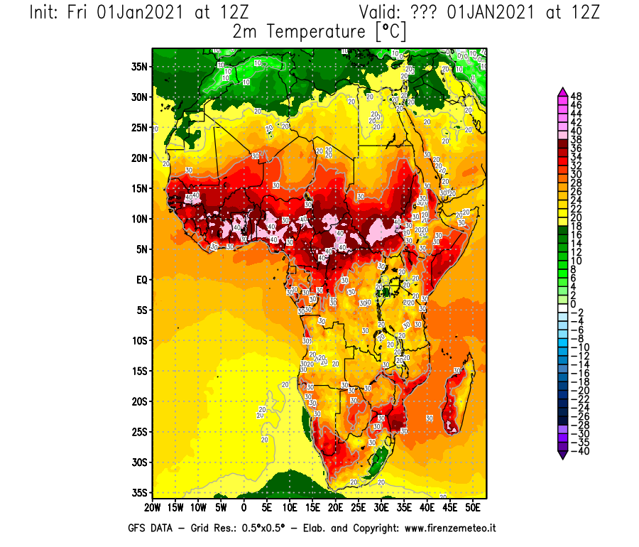 Mappa di analisi GFS - Temperatura a 2 metri dal suolo [°C] in Africa
							del 01/01/2021 12 <!--googleoff: index-->UTC<!--googleon: index-->