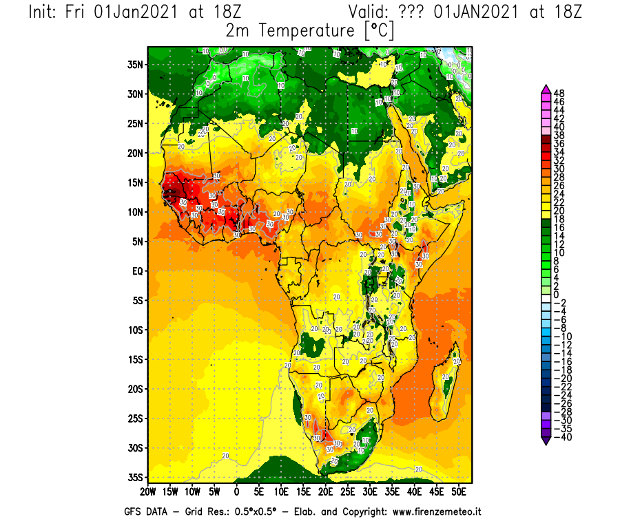 Mappa di analisi GFS - Temperatura a 2 metri dal suolo [°C] in Africa
							del 01/01/2021 18 <!--googleoff: index-->UTC<!--googleon: index-->