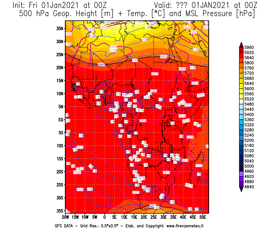 Mappa di analisi GFS - Geopotenziale [m] + Temp. [°C] a 500 hPa + Press. a livello del mare [hPa] in Africa
							del 01/01/2021 00 <!--googleoff: index-->UTC<!--googleon: index-->