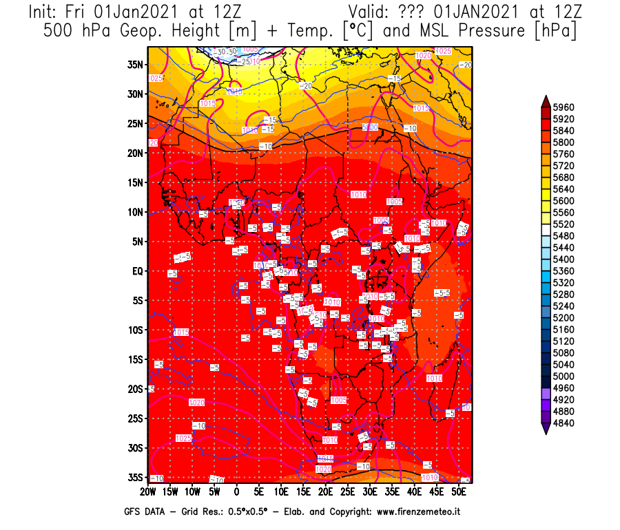 Mappa di analisi GFS - Geopotenziale [m] + Temp. [°C] a 500 hPa + Press. a livello del mare [hPa] in Africa
							del 01/01/2021 12 <!--googleoff: index-->UTC<!--googleon: index-->